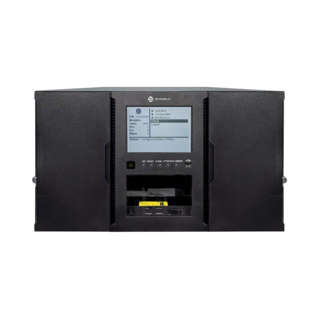 Front view of SymplyPRO XTL 80 LTO-8 HH 8Gb Fibre Channel Tape Library